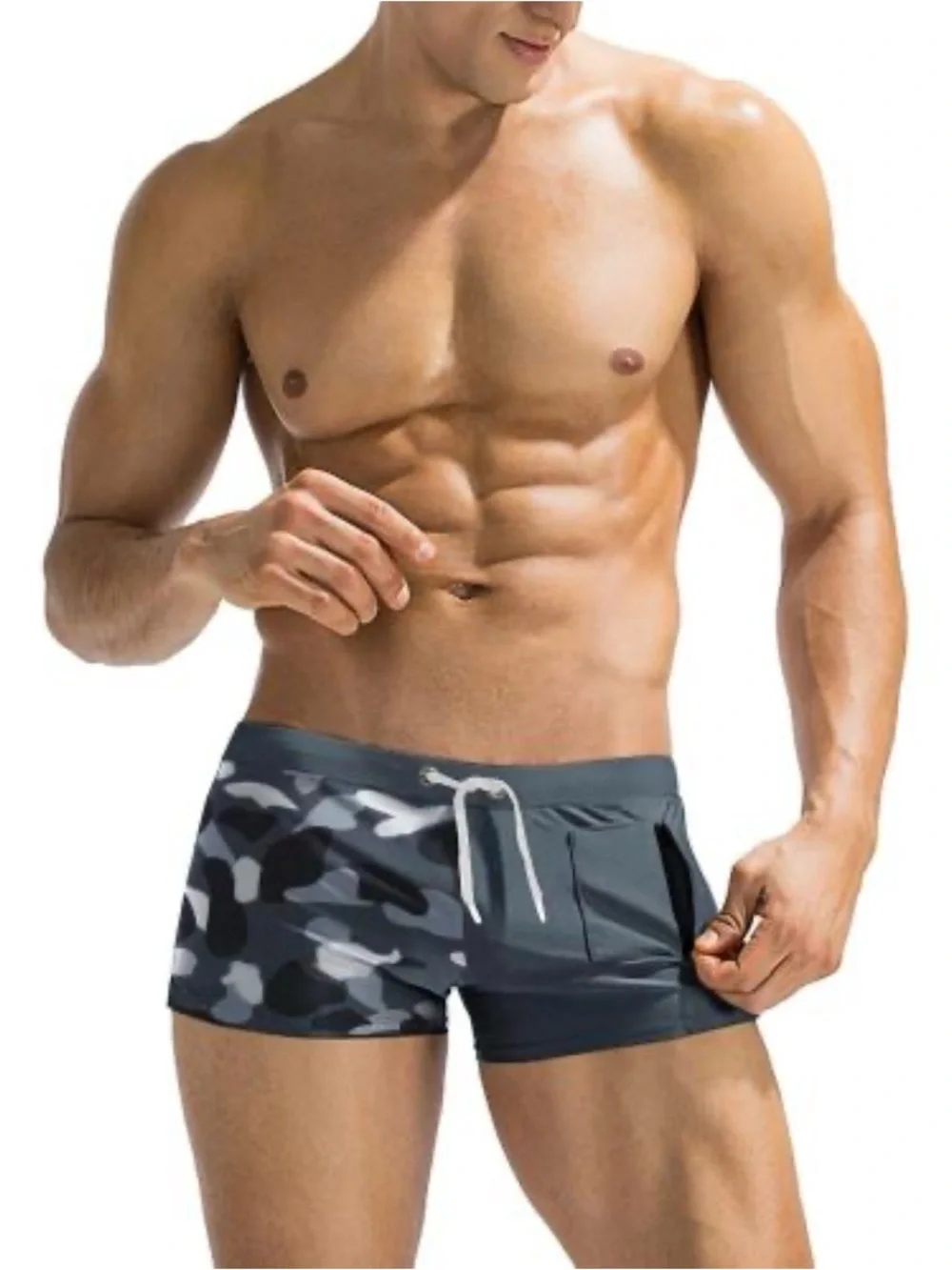 Quick Dry Lightweight Square Leg Cut Swimwear Trunks/Cap Men’s Size M Gray/Camo